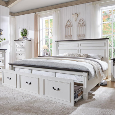 Aitjunz Farmhouse King Size Bed Frame with 51" Tall Headboard, Wood Platform Bed Frame with 20" Tall Roman Column Decoration Footboard & 3 Large Storage Drawers, No Box Spring Needed (White)