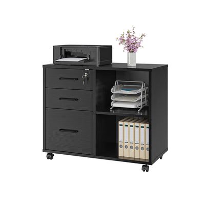 3 Drawer Office File Cabinets, Mobile Lateral Printer Stand with Open Storage Shelf, Rolling Filing Cabinet with Wheels Home Office Organization and Storage (Black)