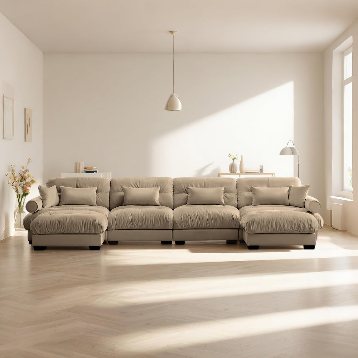 SoarTalent 166" Modern Oversized Modular Sectional Sofa 4-Seater U-Shaped Cloud Sleeper Couch with 2 Ottomans, Pillows and Overthick Cushion for Living Room, Home Theater, Apartment, Velvet, Camel SoarTalent