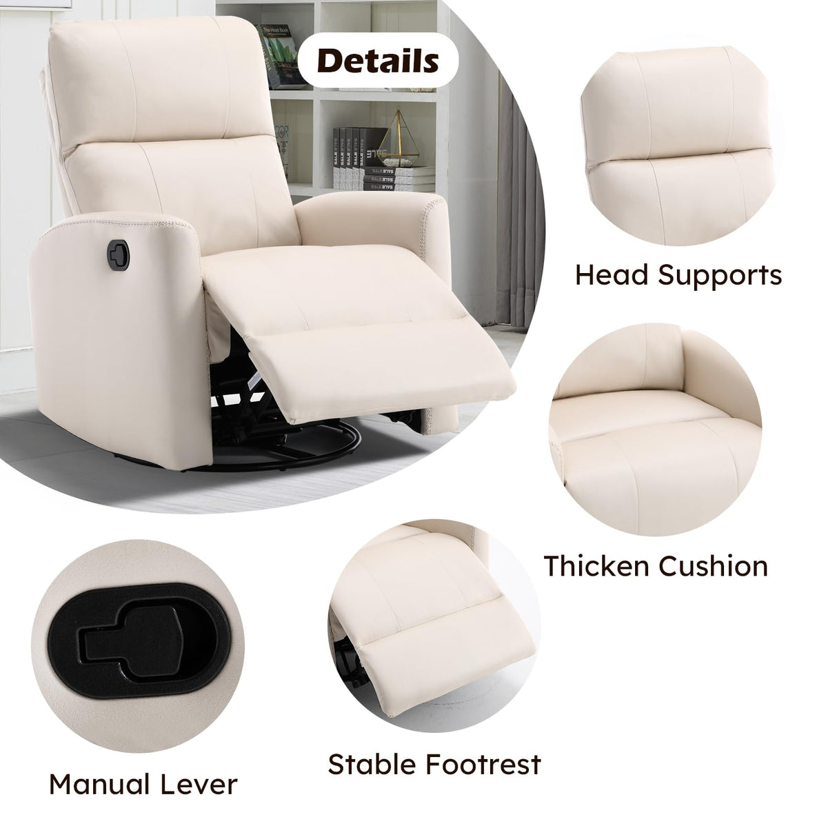 ANJ Manual Swivel Rocker Recliner, Glider Recliners with Padded Armrest and Backrest, Soft Leather Nursery Rocking Recliner Chair Reclining Sofa for Living Room ANJ