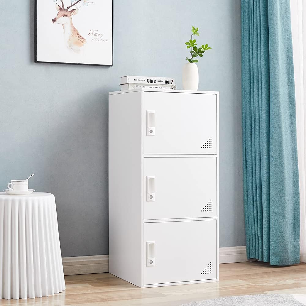 iCHENGGD 3 Door Metal Locker Steel Storage Cabinet, Office Storage Lockers for Employees, Vertical Metal Cabinets for Home,Office,School,Room Storage Organizer (White) iCHENGGD