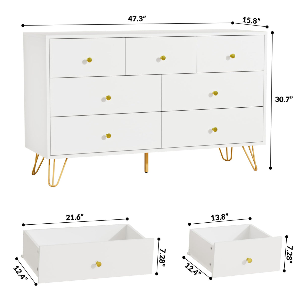 Tradare 7 Drawer Dresser and Night Stand Sets for Bedroom, Two Drawers Nightstand Set of 2 & 7 Drawer Dresser with Gold Handle, Modern White and Gold Dresser Set Tradare
