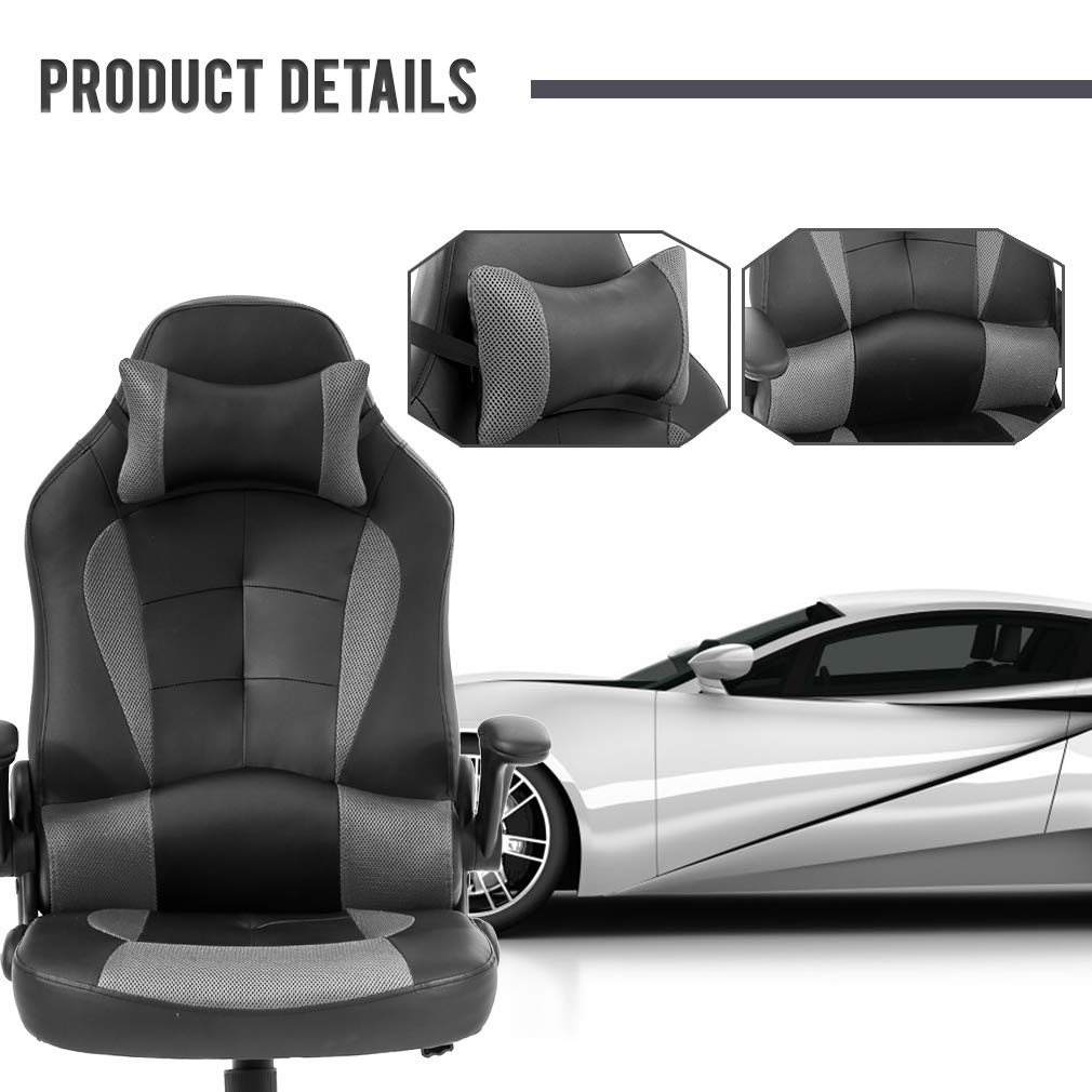 Gaming Chair Massage Office Chair Racing Desk Chair Ergonomic PC Executive High Back PU Leather Computer Chair with Lumbar Support Headrest Armrest Task Rolling Swivel Chair for Women Adults, Grey BestOffice