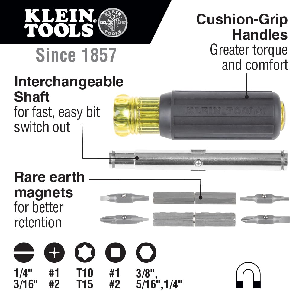 Klein Tools 32500MAG Magnetic Multi-Bit Screwdriver / Nut Driver, 11-in-1 Multi Tool with 8 Bits, 3 Nut Driver Sizes, Cushion Grip Handle Klein Tools