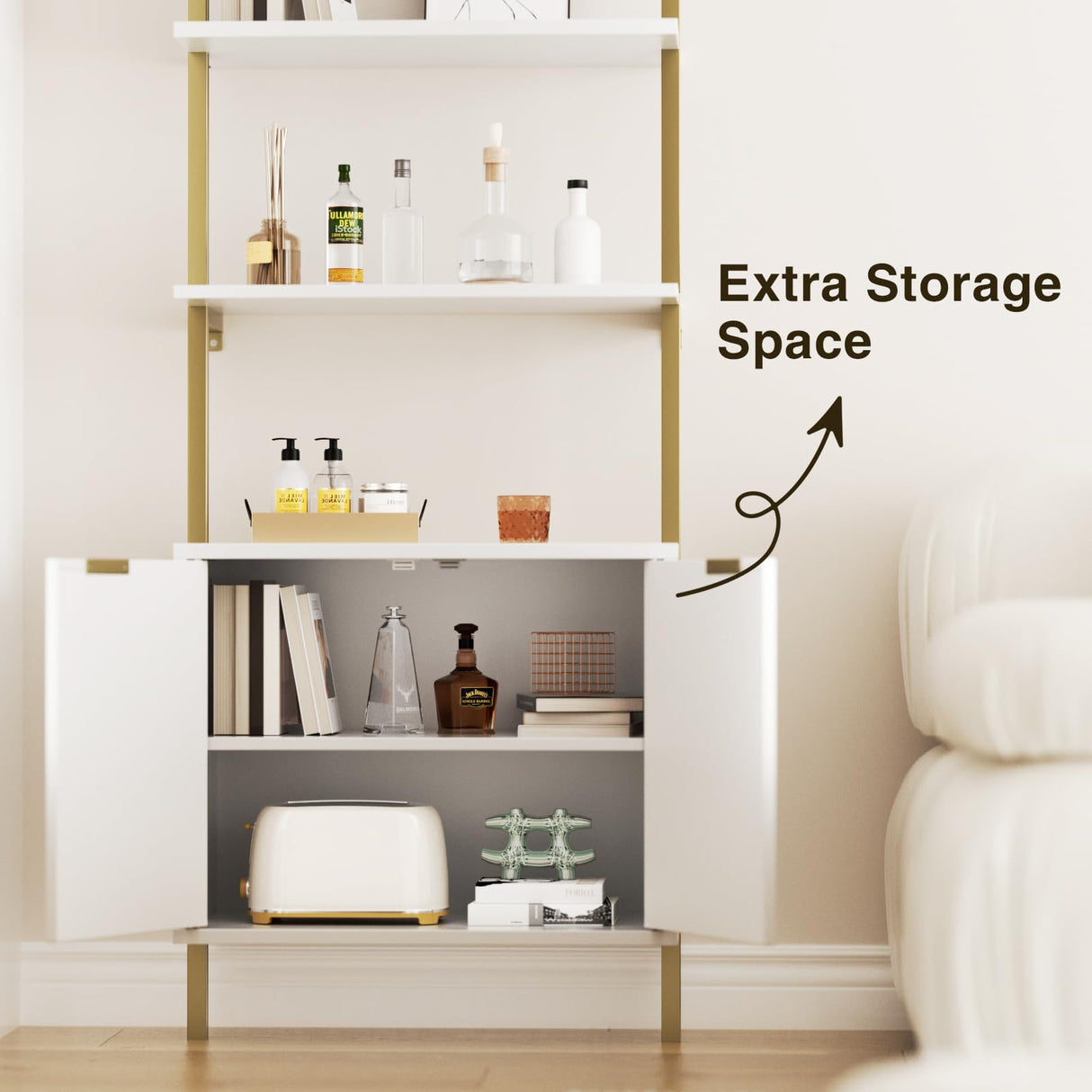 3 Tier White & Gold Ladder Shelf with Storage Cabinet, Modern Ladder Bookshelf with Doors, Wall Mount Bookcase with Metal Frame, Display Shelves for Living Room, Bedroom, Bathroom, Home Office Halitaa