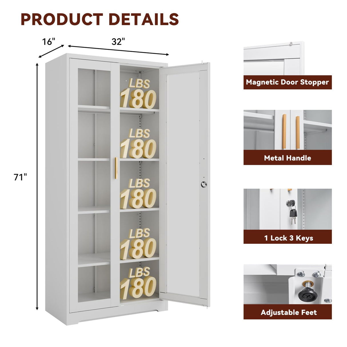 Kubohogar Display Cabinet with Glass Doors,71" Metal Curio Cabinets with 4 Adjustable Shelves, 5 Tier Display Case for Collectibles, Metal Storage Cabinet, White Kubohogar