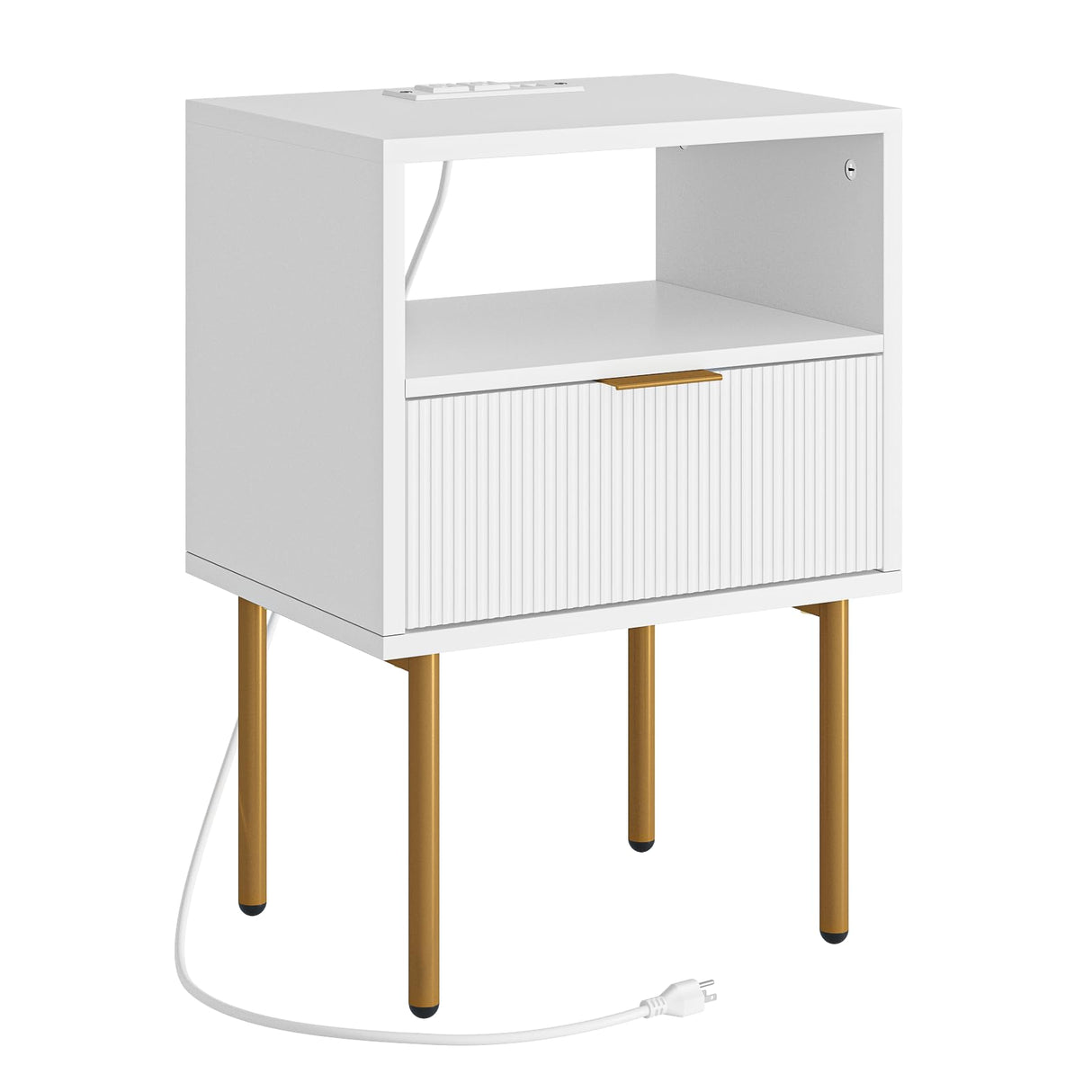 AEPOALUA Nightstand with Charging Station,Small Bedside Table with Gold Frame,White Night Stand,Bedside Furniture,Side Table with Drawer and Shelf for Bedroom,Living Room,Stripe AEPOALUA