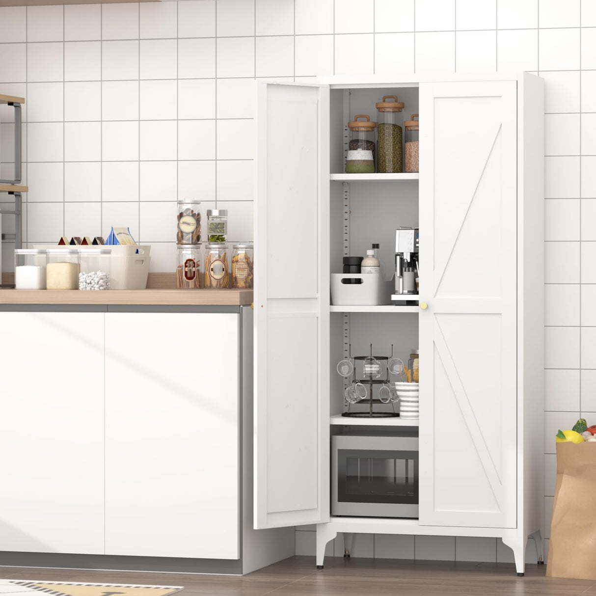 FATIGOS Metal Pantry Storage Cabinet, Kitchen Pantry Cabinets with 2 Doors and Adjustable Shelves, 65" White Metal Pantry Cabinet, Steel Locker for Kitchen, Living Room, Dining Room FATIGOS