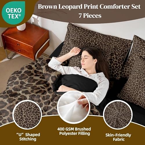 Erosebridal Leopard Print 7 Pieces Comforter Set Twin Size,Cheetah Printed Bedding Set for Women,Brown Camo Print Bed Set Includes Comforter, Sheet Set, Pillowcases & Pillow Covers for All Season Erosebridal