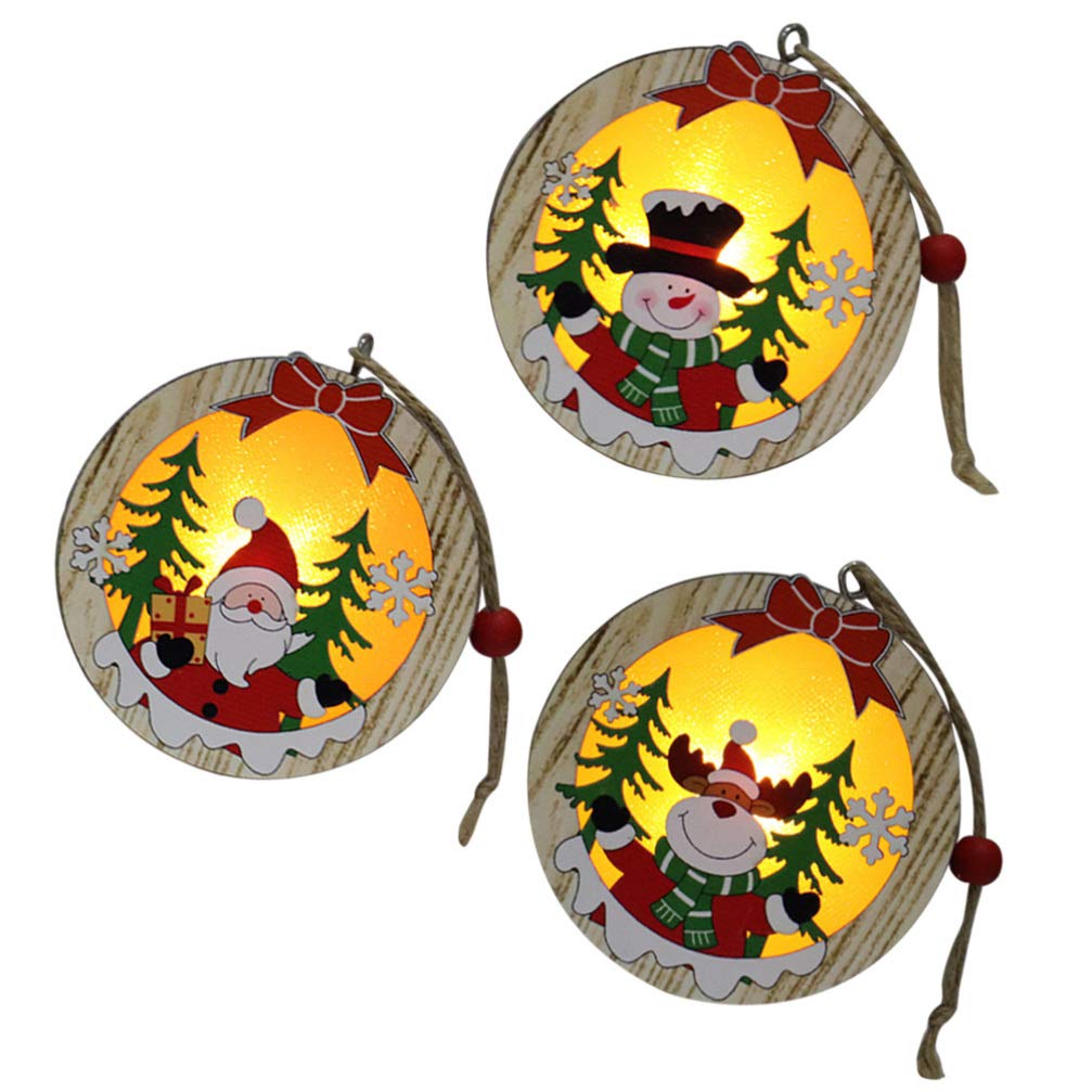 Amosfun 3pcs LED Light Up Christmas Wooden Ornaments Wood Round Shapes with Reindeer Snowman Santa Claus Pattern Hanging Christmas Tree Decoration Christmas Night Lights Amosfun