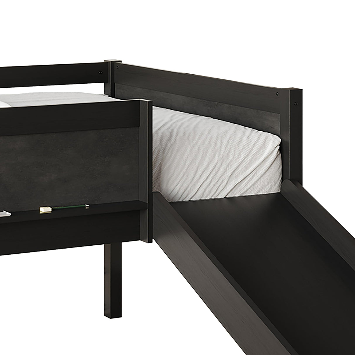 CHALETPOSH Low Loft Bed with Slide, Climbing Ladder, Chalkboard, Wood Twin Loft Bed Frame with Guardrail for Kids Toddler Boys Girls, Black CHALETPOSH