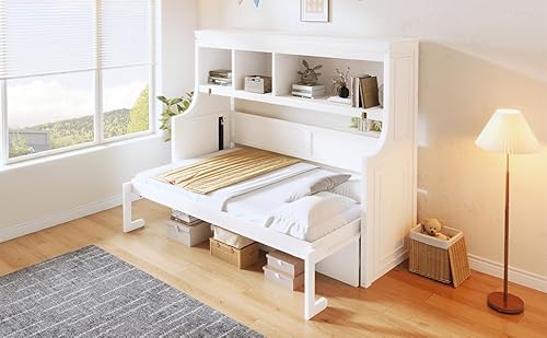 Merax Twin Size Horizontal Murphy Bed with Desk and Storage Shelves for Kids, Space Saving Murphy Bed Cabinet for Living Room, Bedroom or Guest Room, No Box Spring Needed, White Merax