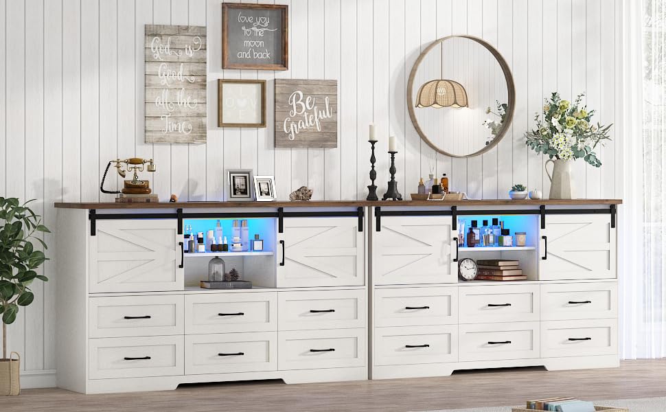 63" Farmhouse Dresser w/6 Drawers,60000-color Led Lights,Outlet, Large Chest of Drawers w/Sliding Barn Doors,Adjust Shelves,White Dresser TV Stand for 65/70in TV for Bedroom, Living Room chartustriable