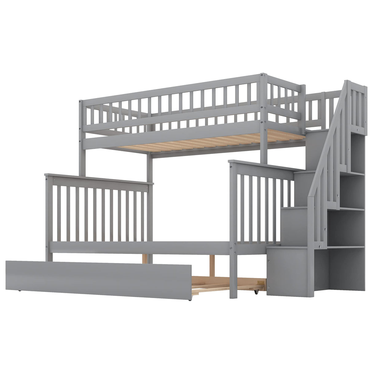 Harper & Bright Designs Twin Over Full Bunk Beds with Trundle, Bunk Beds with Stairs and Storage Shelf,Wood Bunk Beds with Full-Length Guard Rail for Kids, Gray Harper & Bright Designs