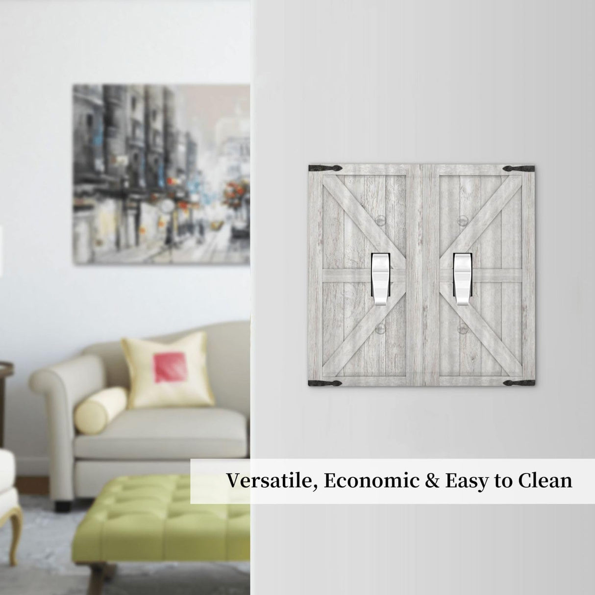 Spshian Decorative Switch Plate Covers Rustic Wooden White Barn Doors 2 Gang Wall Plate Double Toggle Light Switch Cover Plate Electric Dual Device Electrical Faceplate for Kitchen Farmhouse Bedroom Spshian