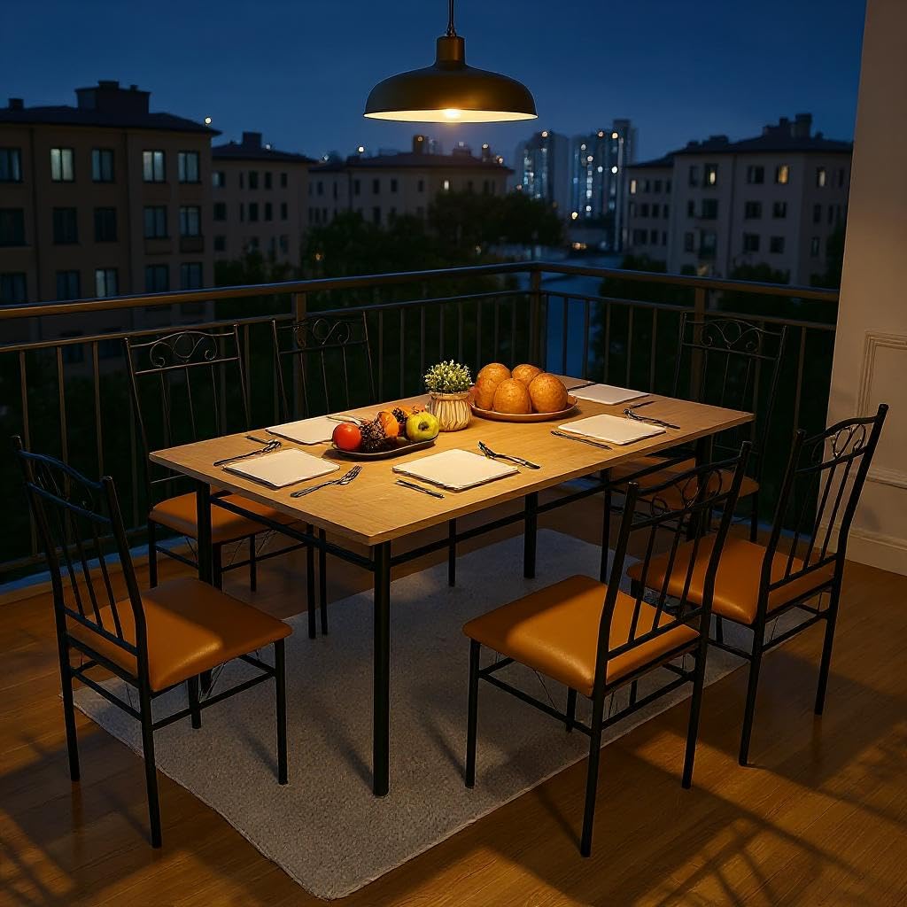 Homy Casa Outdoor Patio Dining Set, 7-Piece Table & Chairs, Wood Grain Top & Metal Frame, Ideal for Deck, Garden & Balcony Gatherings Homy Casa