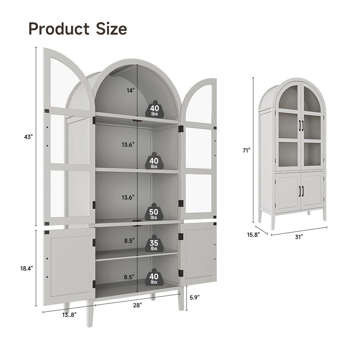 ONBRILL 71" Tall Arched Cabinet, 5-Tier Arched Kitchen Pantry with Glass Doors & Shelves, Modern Display Arch Cabinet with Adjustable Feet, Wooden Pantry for Living Room, Dining Room, Off White ONBRILL