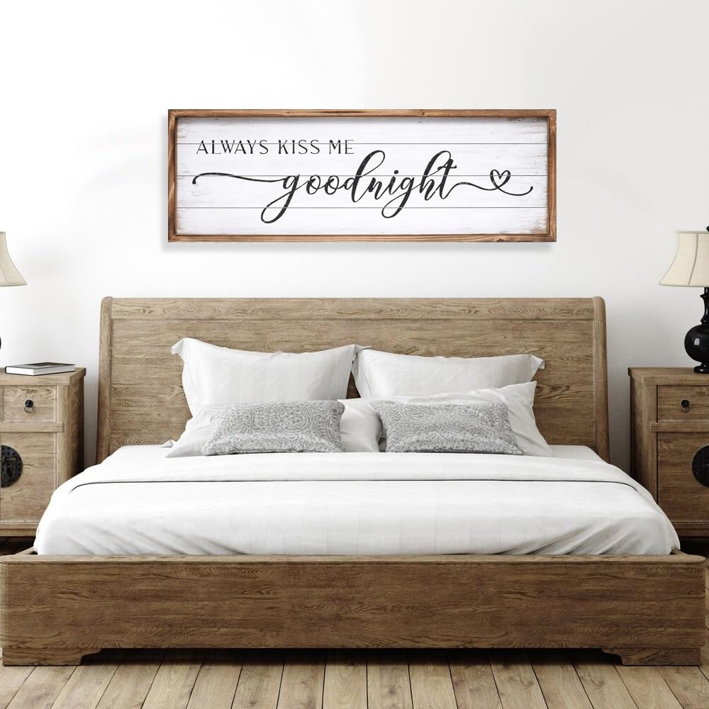 UPPER DECOR Large Above Bed Wall Decor Bedroom Sign Bedroom Decor with Solid Wood Frame for Couples, Always Kiss Me Goodnight Sign for Bedroom, Love Theme Wall Decor 42''×15'' UPPER DECOR