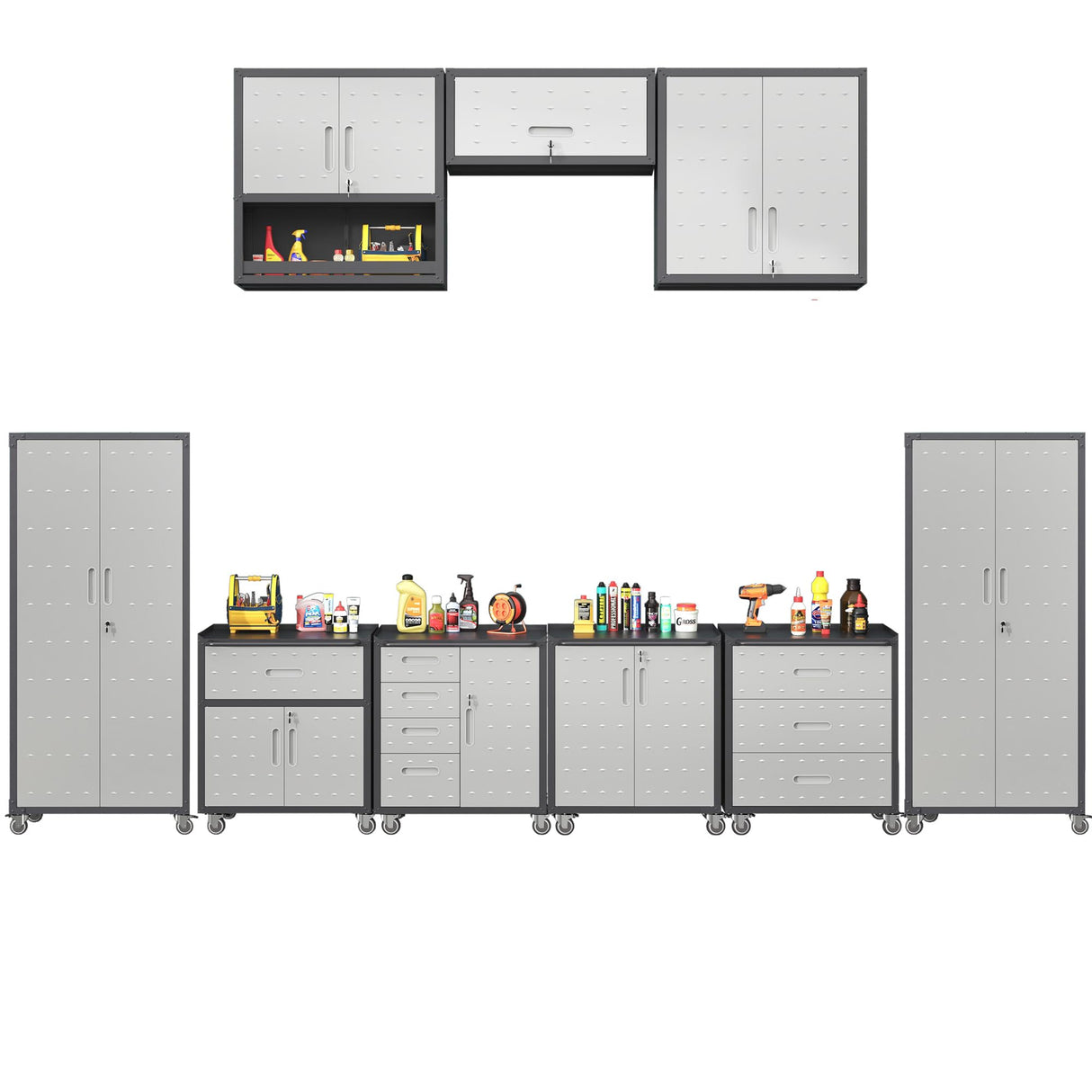 OPTYMIRA Metal Garage Cabinets and Storage System, 9-Pcs Workshop Tool Cabinet Set in Gray, Included 3 Pcs Wall Cabinets 6 Pcs Garage Tool Cabinets with Wheels,Assembly Required OPTYMIRA