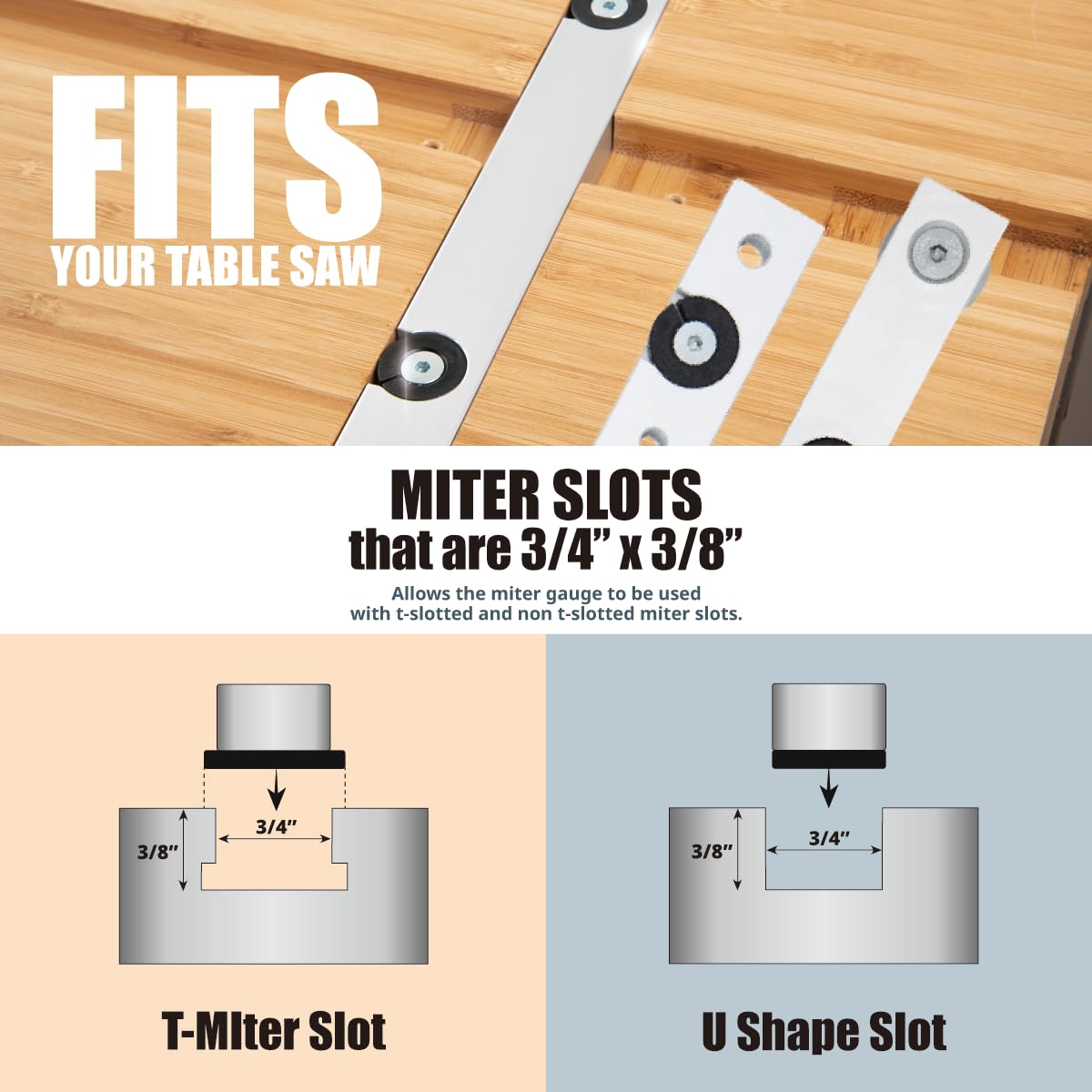 POWERTEC 71391 Table Saw Precision Miter Gauge System w/ 27 Angle Stops and 3/4”x 3/8”T-Slotted Miter Bar w/Removable T-Slot Plate; Includes 24”x 3” Multi T–Track Fence w/Scale, T-track Flip Stop POWERTEC