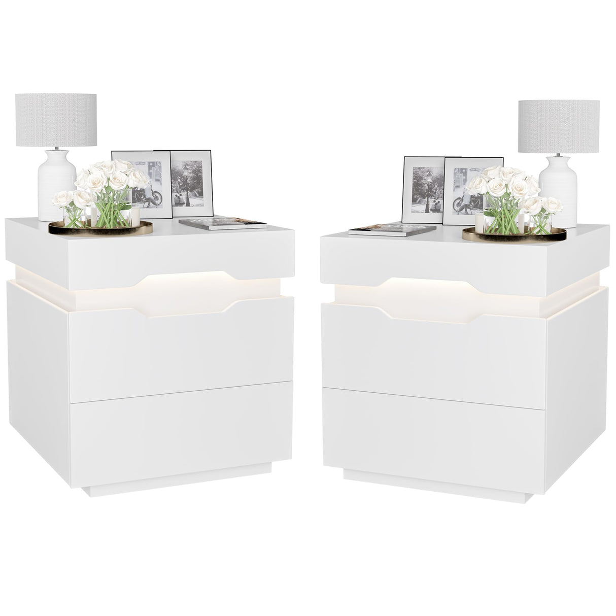 YESHOMY Nightstand with LED Light and Charging Station, Endtable with 2 Drawers, Bedside Table with Large Capacity, for Bedroom, Set of 2, 21.2" Height, White YESHOMY