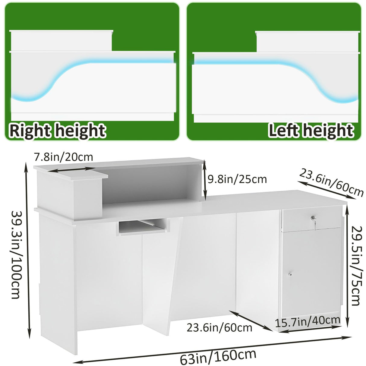 Reception Desk, Front Desk Receptionist Counter With Lockable Drawer & Cabinet & Keyboard Tray & Cable Grommet, With LED light, Retail Checkout For Office, Soho, Shop, Salon (All White - R, 63in) Nykto