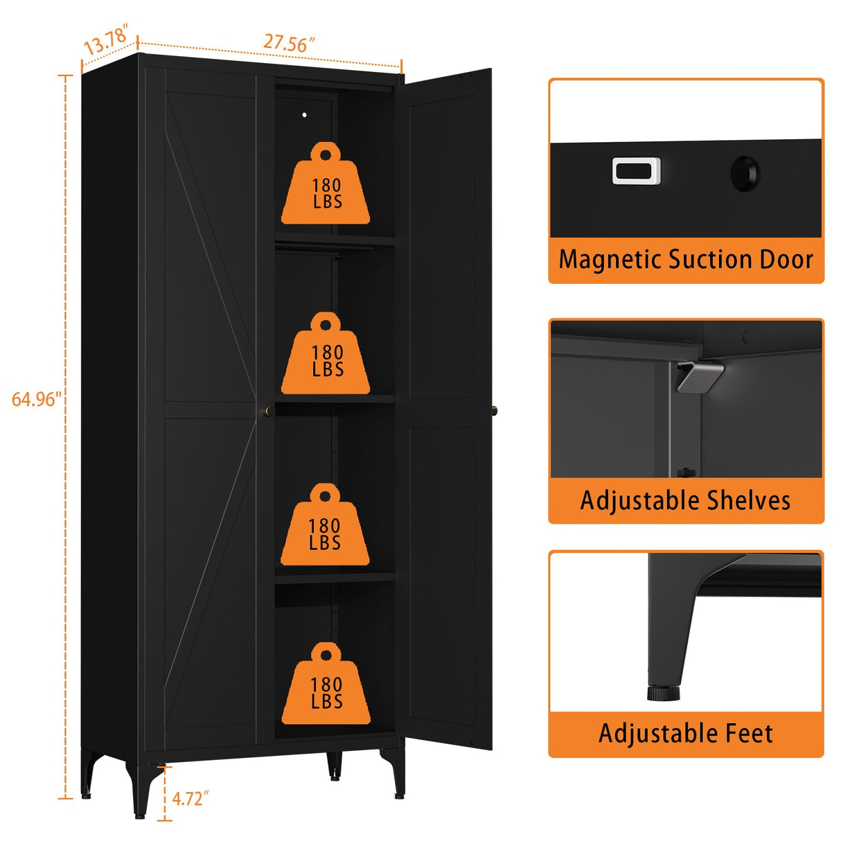 Howzone Tall Pantry Cabinet, 65" Kitchen Cupboard with Doors and Adjustable Shelves, Food Pantry Cabinets, Metal Hutch Cabinet with Storage for Kitchen, Living Room, Dining Room, Black Howzone
