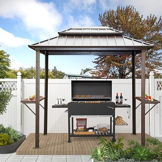 Domi 8'x6' Grill Gazebo Hardtop Aluminum BBQ Gazebo with Bar Shelves and Ceiling Hooks, Double Metal Roof Outdoor Gazebos for Patio Lawn Garden Deck (Dark Brown) domi outdoor living