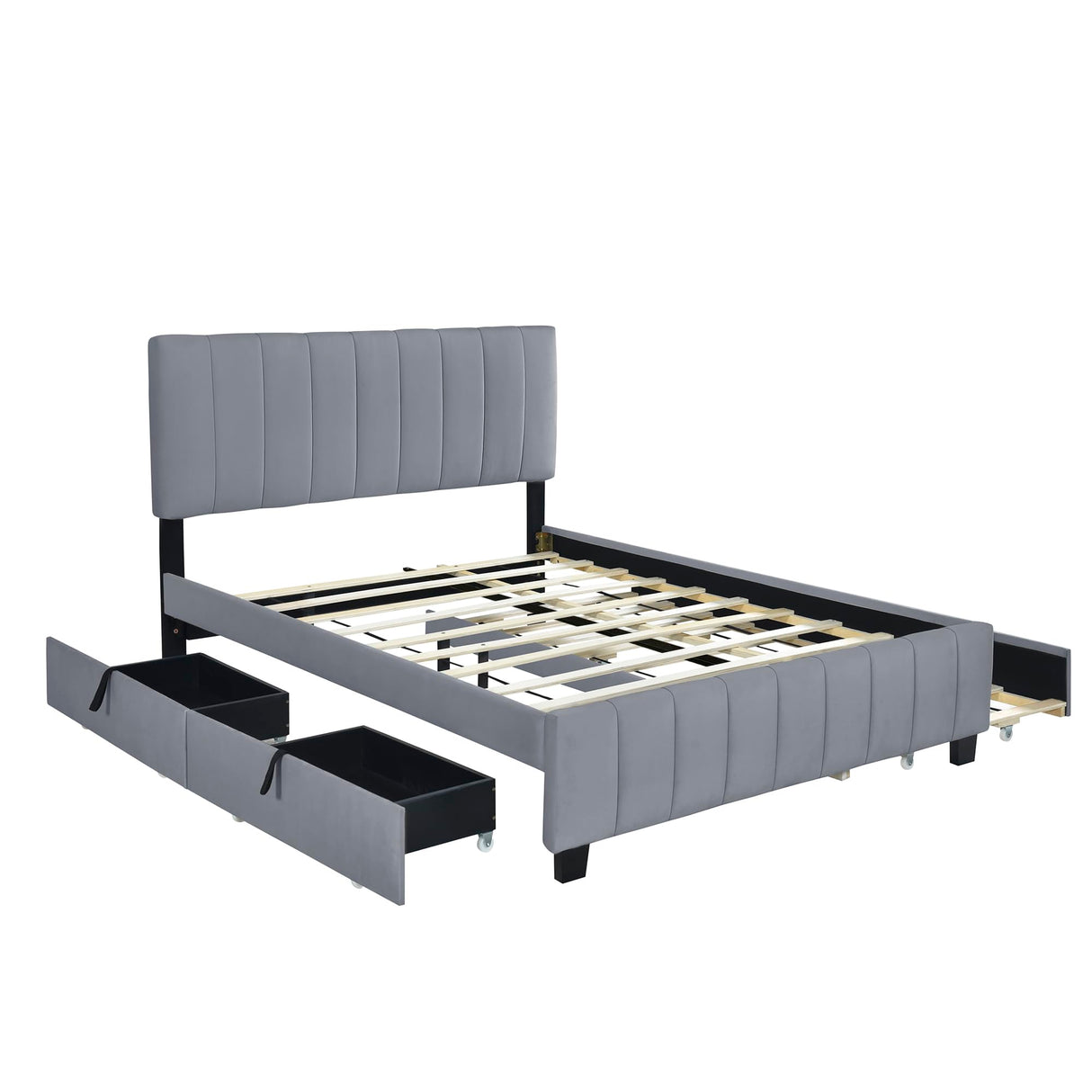Merax Queen Size Upholstered Platform Bed with 2 Drawers and 1 Twin XL Trundle, Grey Wooden Bed Frame, No Box Spring Need Merax