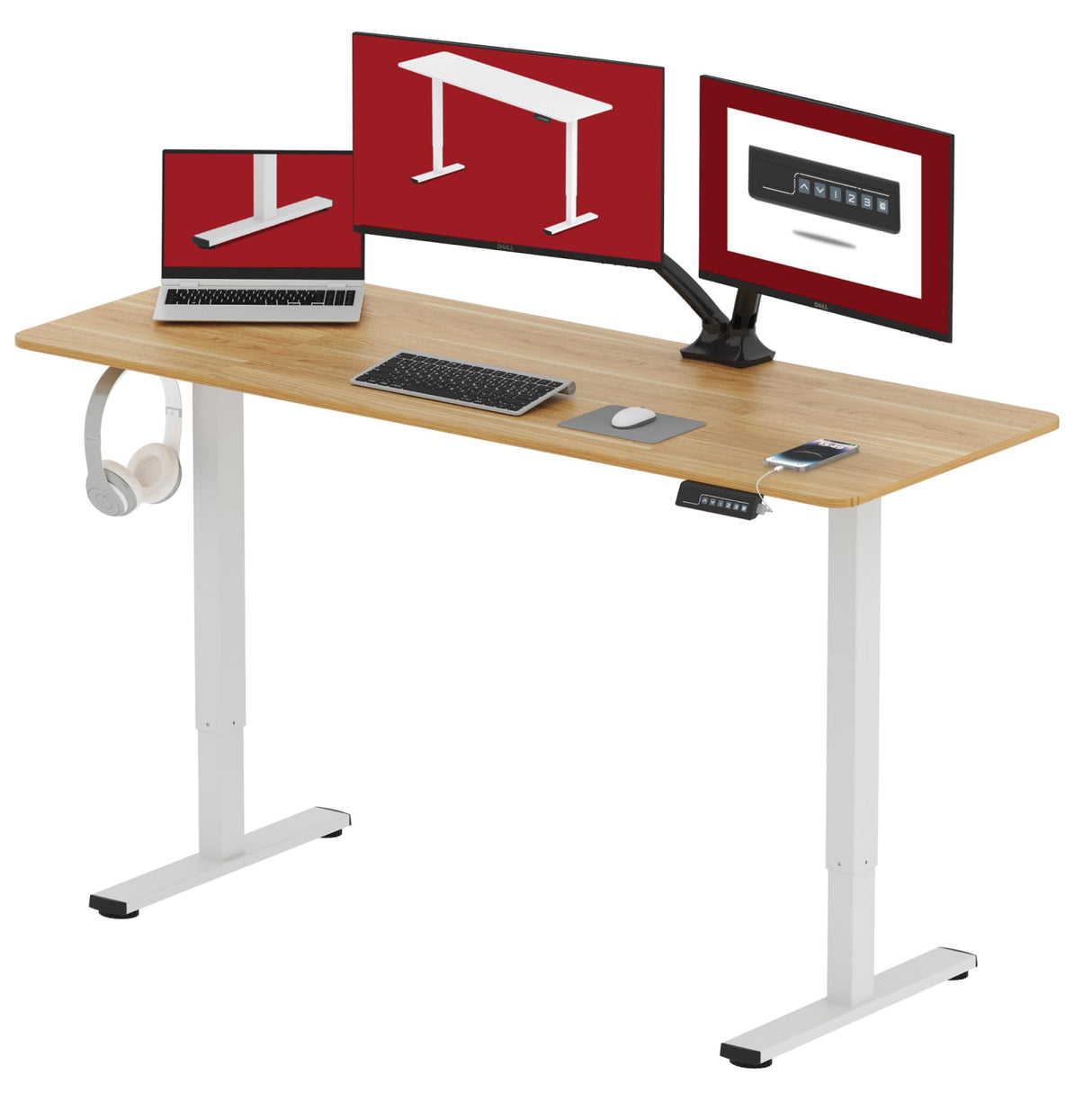 SANODESK Electric Standing Desk 63x28 Inch Height Adjustable Stand Up Desk Home Office Computer Workstation Sit Stand Home Office Desk with Splice Board (White Frame + Maple Top) SANODESK