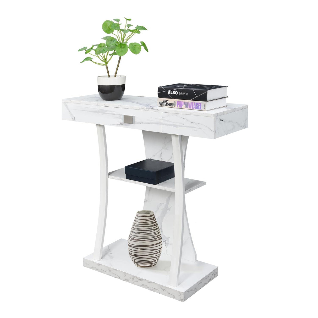 Convenience Concepts Newport Console Table with Shelves, White Faux Marble/White Convenience Concepts