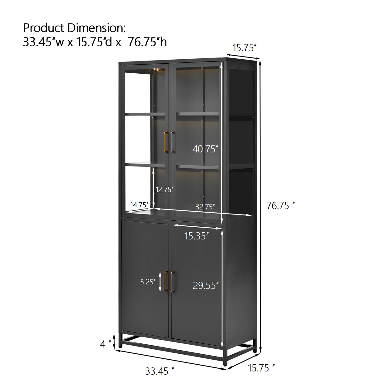 Virubi 76.75'' Tall Display Cabinet with Lights and Storage, Steel Curio Cabinet with Glass Doors, 3-Sided Glass, LED Lights for Hallways, Living Room, Kitchen, Home Decor and Office (Black) Virubi
