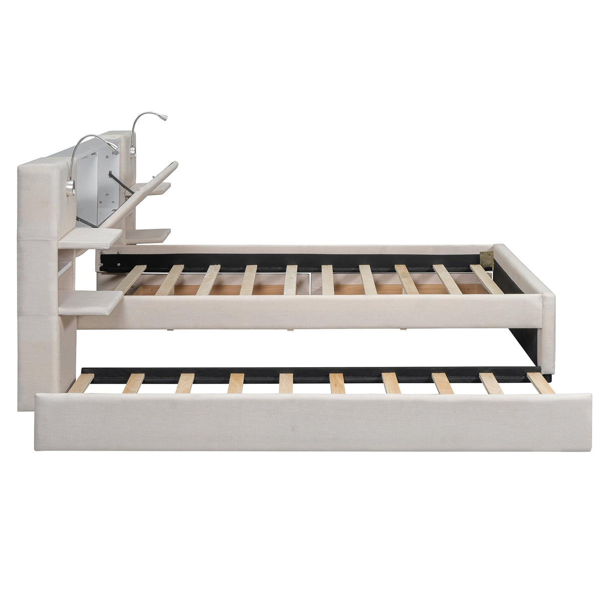 MaiDeHaoo Queen Size Upholstered Bed with with Trundle and 2 Storage Drawers, Luxury Queen Bed Frame with Storage Headboard and Reading Lights, Built-in Nightstands, Beige MaiDeHaoo