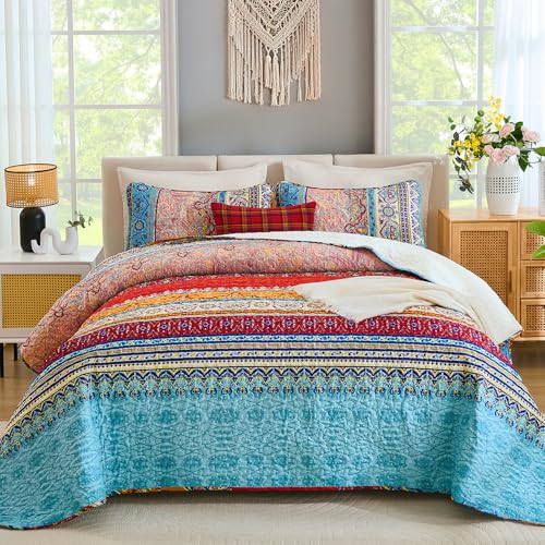 WONGS BEDDING Bohemian Quilt Set King Size, Boho Striped Printed Bedding Bedspread Coverlet Set for All Season, Lightweight Microfiber Quilts with 2 Pillowcases 104"x90" (3 Pieces, Colorful) WONGS BEDDING
