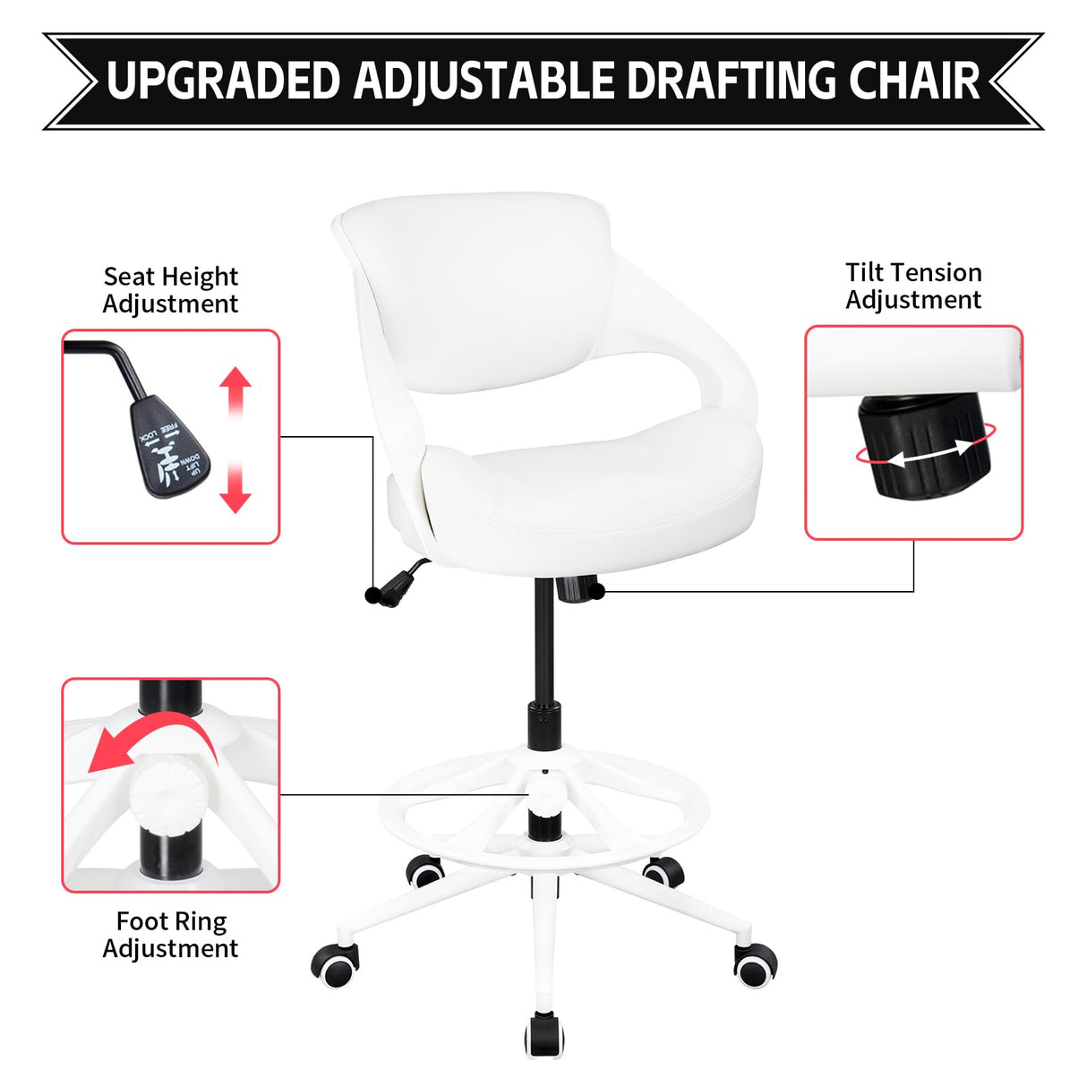 BOJUZIJA Ergonomic Drafting Chair,Standing Computer Desk Chair,Foot Ring,Lumbar Support,Swivel Task Chair - White BOJUZIJA