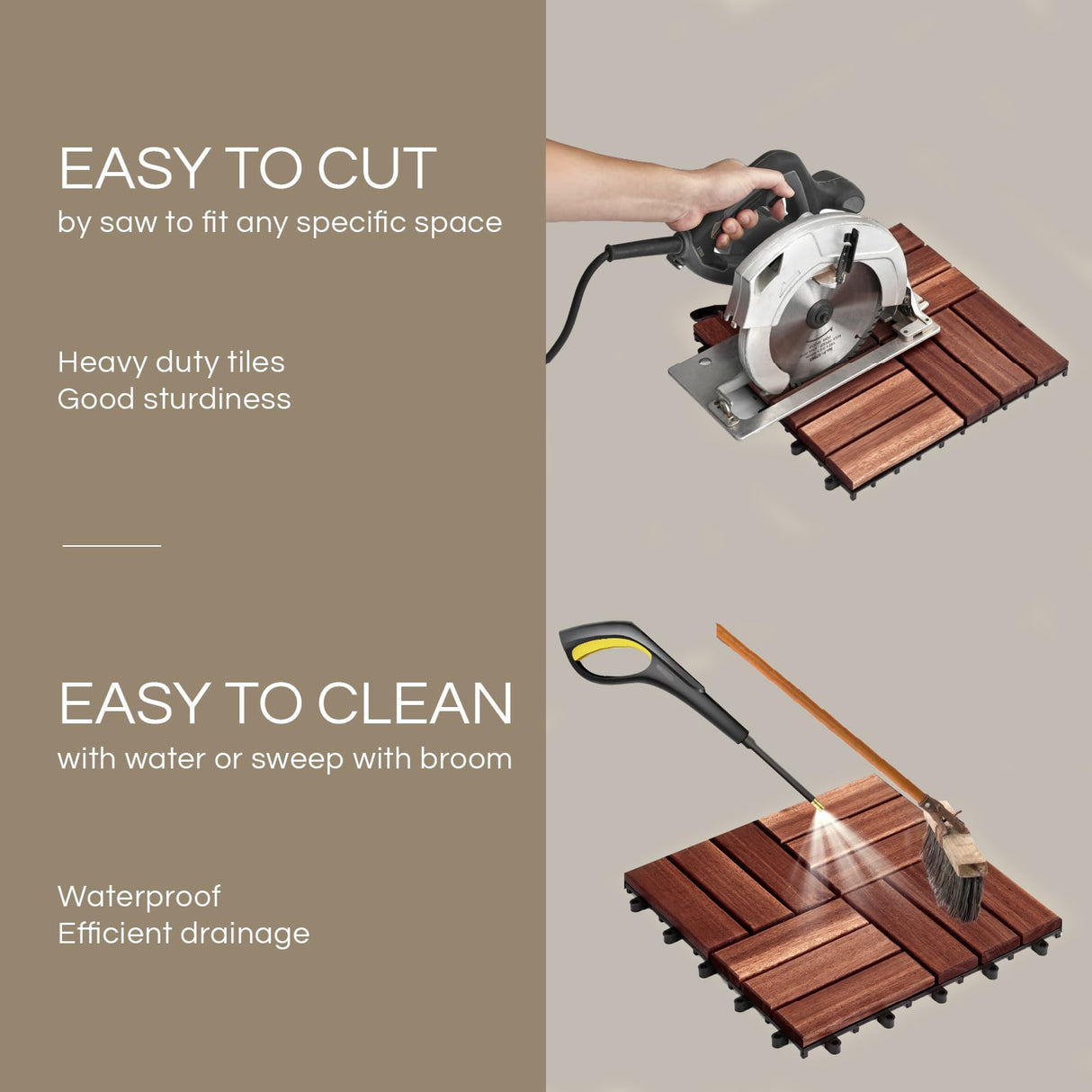 THYOI 10 Pcs Interlocking Deck Tiles 12" x 12", Patio Flooring Outdoor Waterproof, Acacia Wood Tiles All Weather, Floor Tiles for Balcony, Backyard, Indoor and Outdoor use (Round Joint, Dark Brown) THYOI