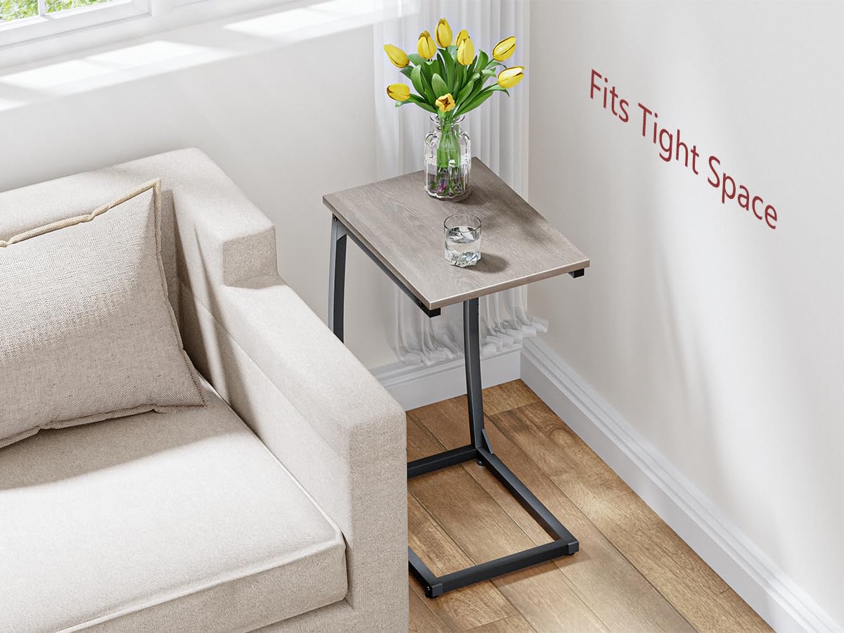 LAKEMID C Shaped End Table Set of 2, Side Table for Couch, Small Sofa Table with Metal Frame, Couch Table for Small Spaces, TV Tray Table for Living Room Bedroom (Grey) LAKEMID