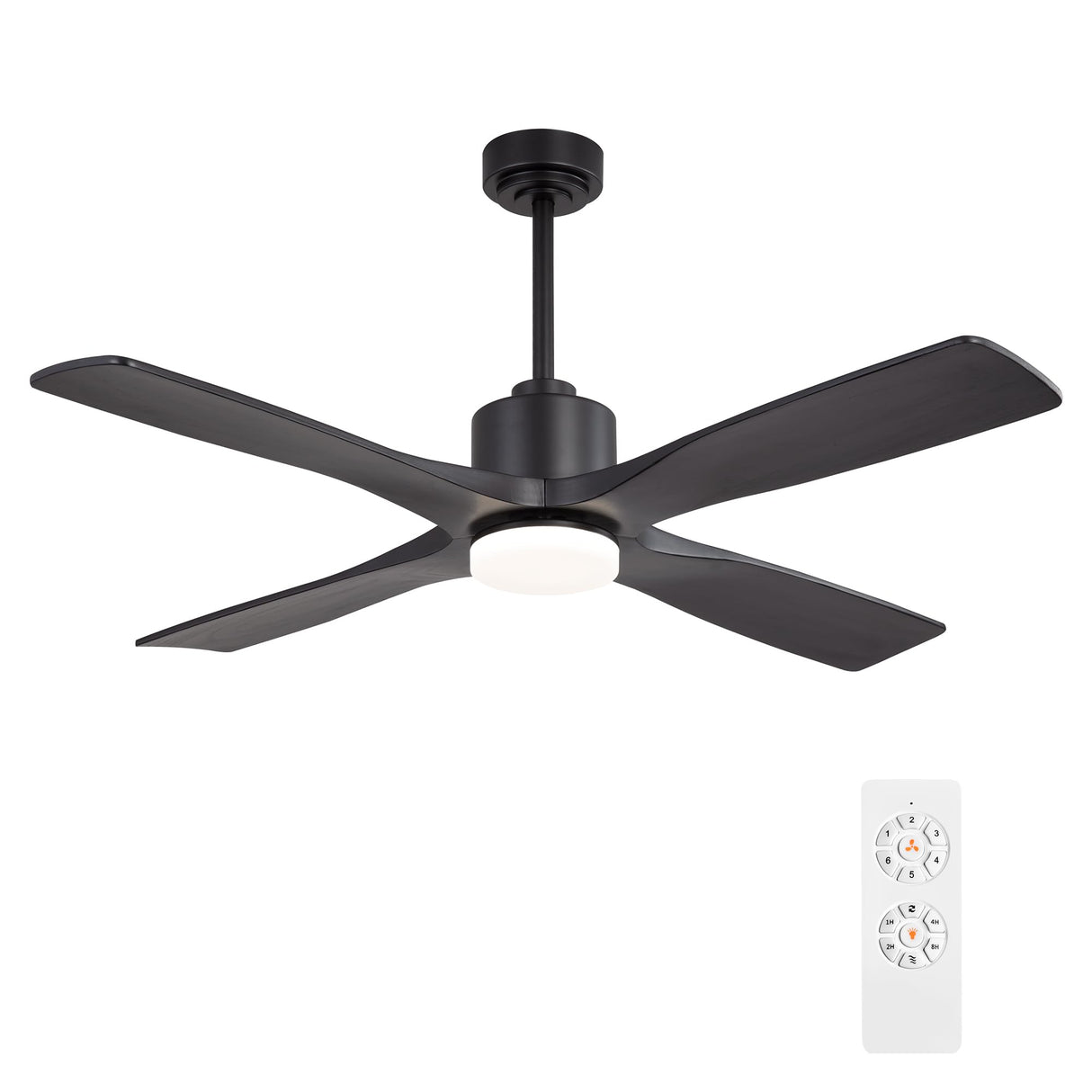 WINGBO 54 Inch DC Ceiling Fan with Lights and Remote Control, 4 Carved Solid Wood Blades, 6-Speed Noiseless Reversible DC Motor, Modern Ceiling Fan in Matte Black Finish with Black Blades WINGBO