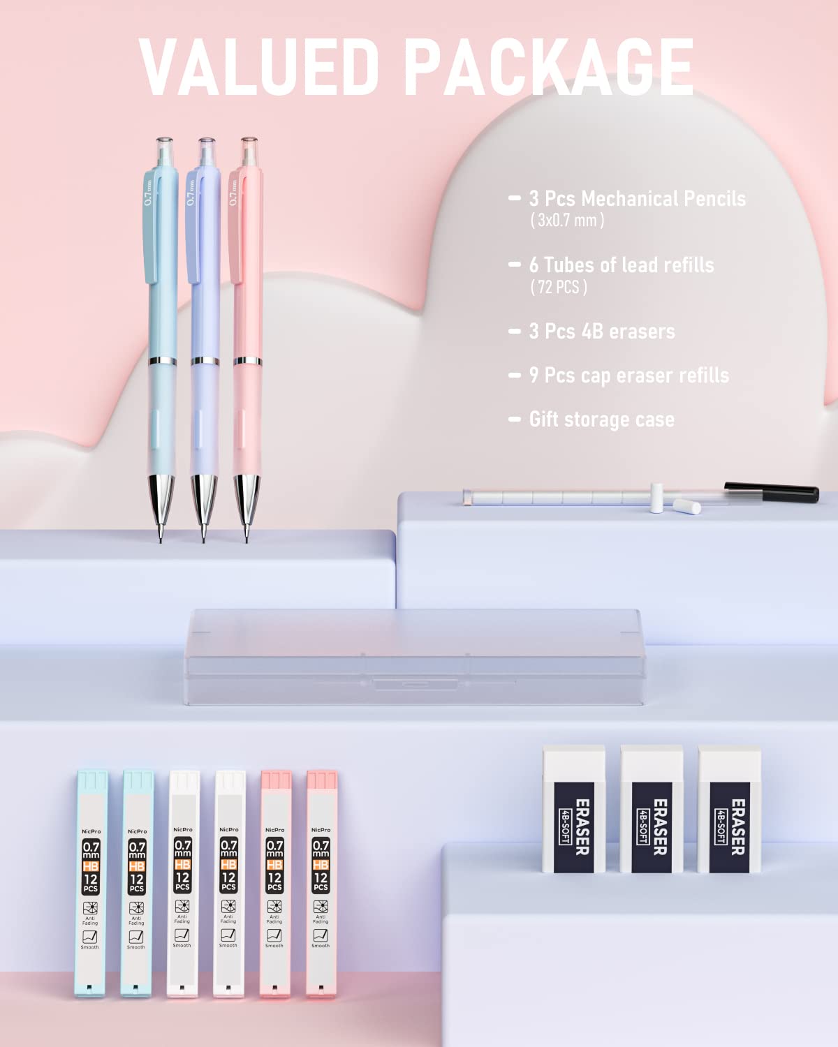 Nicpro 3PCS Pastel Mechanical Pencil Set with Case, 0.7 mm Pencils with 6 Tube HB Lead Refill, 3PCS Eraser, 9PCS Eraser Refill for School Supplies Student Writing, Drafting Drawing Sketching Nicpro