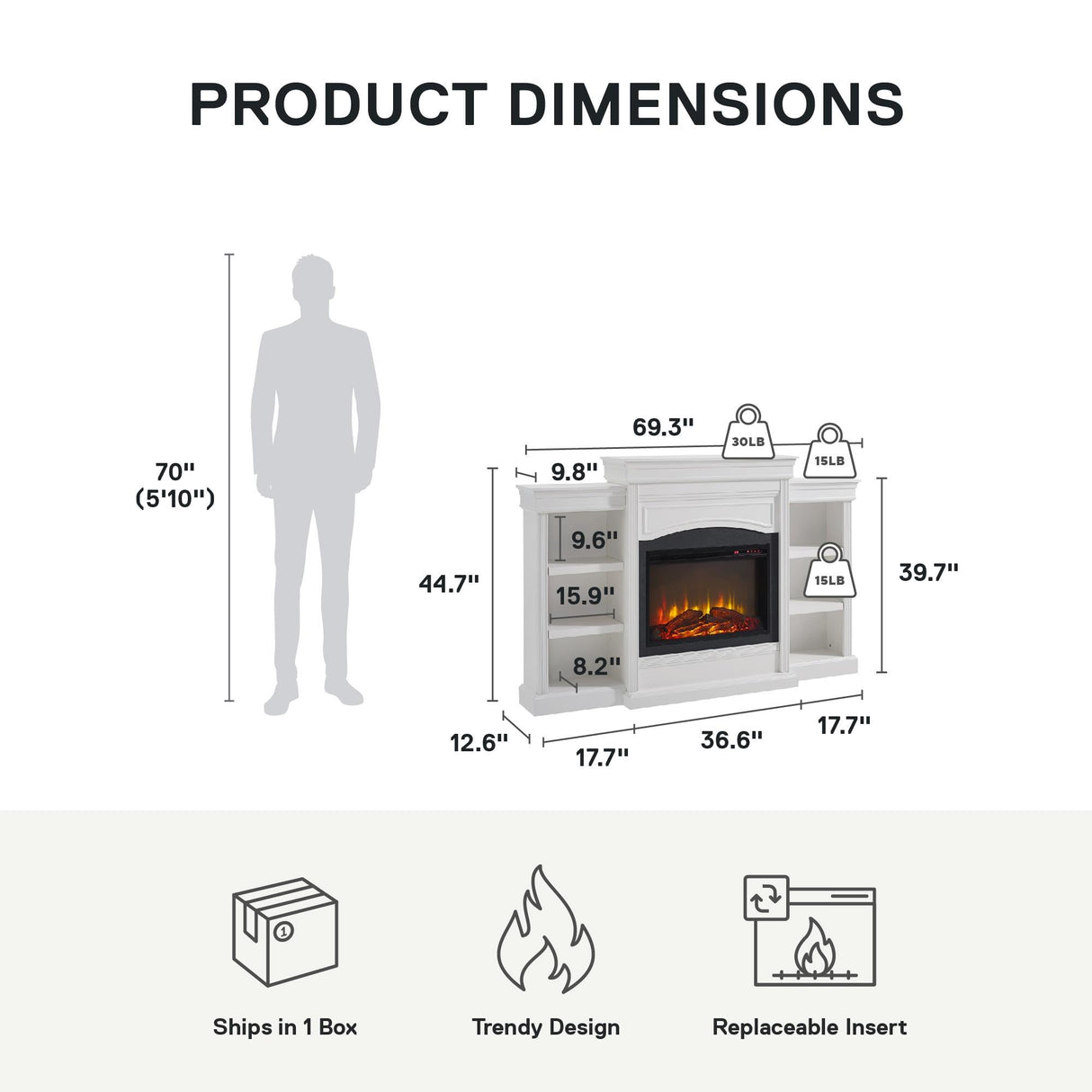 Ameriwood Home Lamont 69 Inch Electric Fireplace with Mantel, Shelves, Replaceable Fireplace Insert Heater, Remote Control, Timer, Realistic Log and Flame Effect, For Living Room or Bedroom, White Ameriwood Home