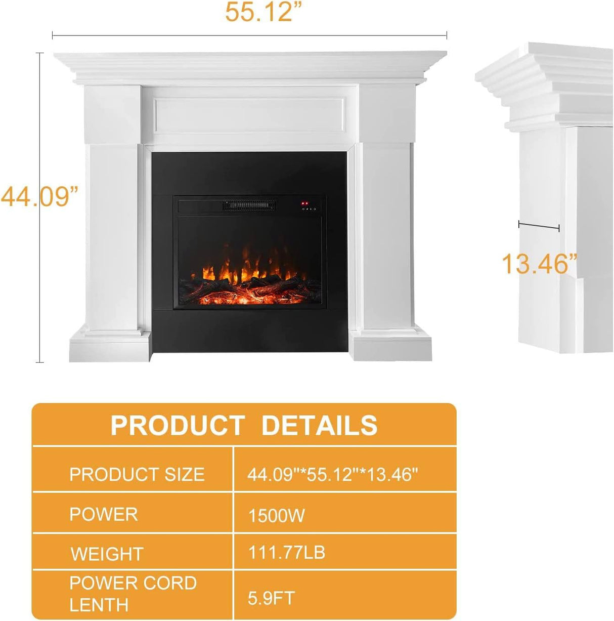 55 Inch Electric Fireplace with Mantel, Tall Fire Place Heater Freestanding with Remote Control Timer LED Flame for Living Room Bedroom, White Cloud Mountain