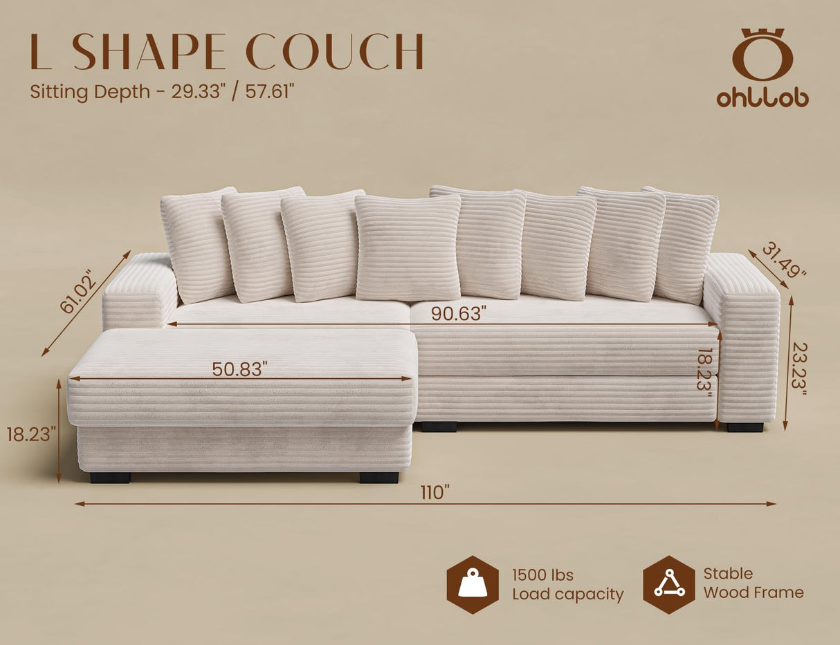 ohllob 110" Modular Sectional Sofa, L Shaped Couch with Chaise Lounge, Fluffy Corduroy Cloud Couch with Deep Seat for Living Room (Beige) ohllob