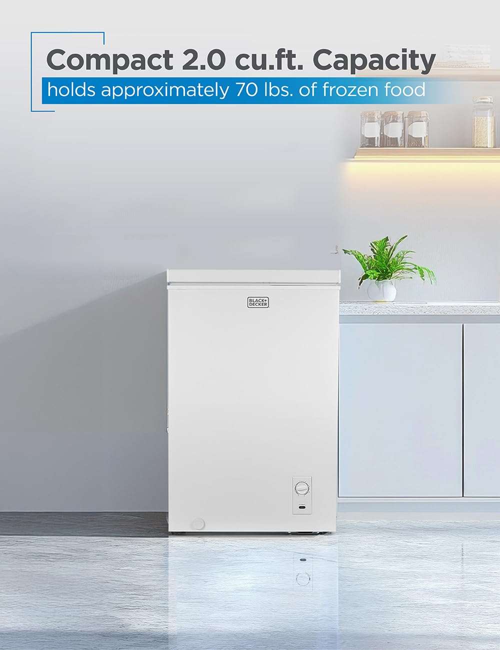 BLACK+DECKER 2.0 Cu. Ft. Compact Chest Freezer, Deep Freezer Holds Up To 70 Lbs. of Frozen Food, Removable Storage Basket, Manual Defrost, White BLACK+DECKER