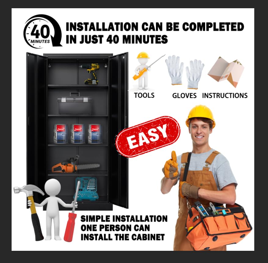 TaskStorz 71 Inch Metal Storage Cabinet with Locking Doors and Adjustable Shelves, Steel SnapIt Cabinet, Metal Garage Cabinet, Tool Cabinets for Office, and Home Use (Black) TaskStorz