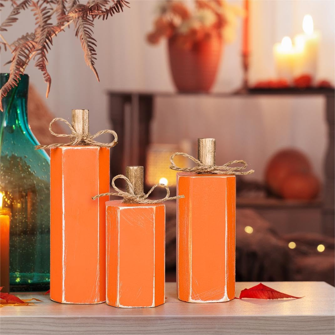 Whaline 3Pcs Fall Wooden Signs Table Decor Rustic Autumn Farmhouse Centerpiece Orange Block Wood Sign Thanksgiving Party Tabletop Decor with Hemp Rope for Fall Harvest Home Tiered Tray Decor Whaline