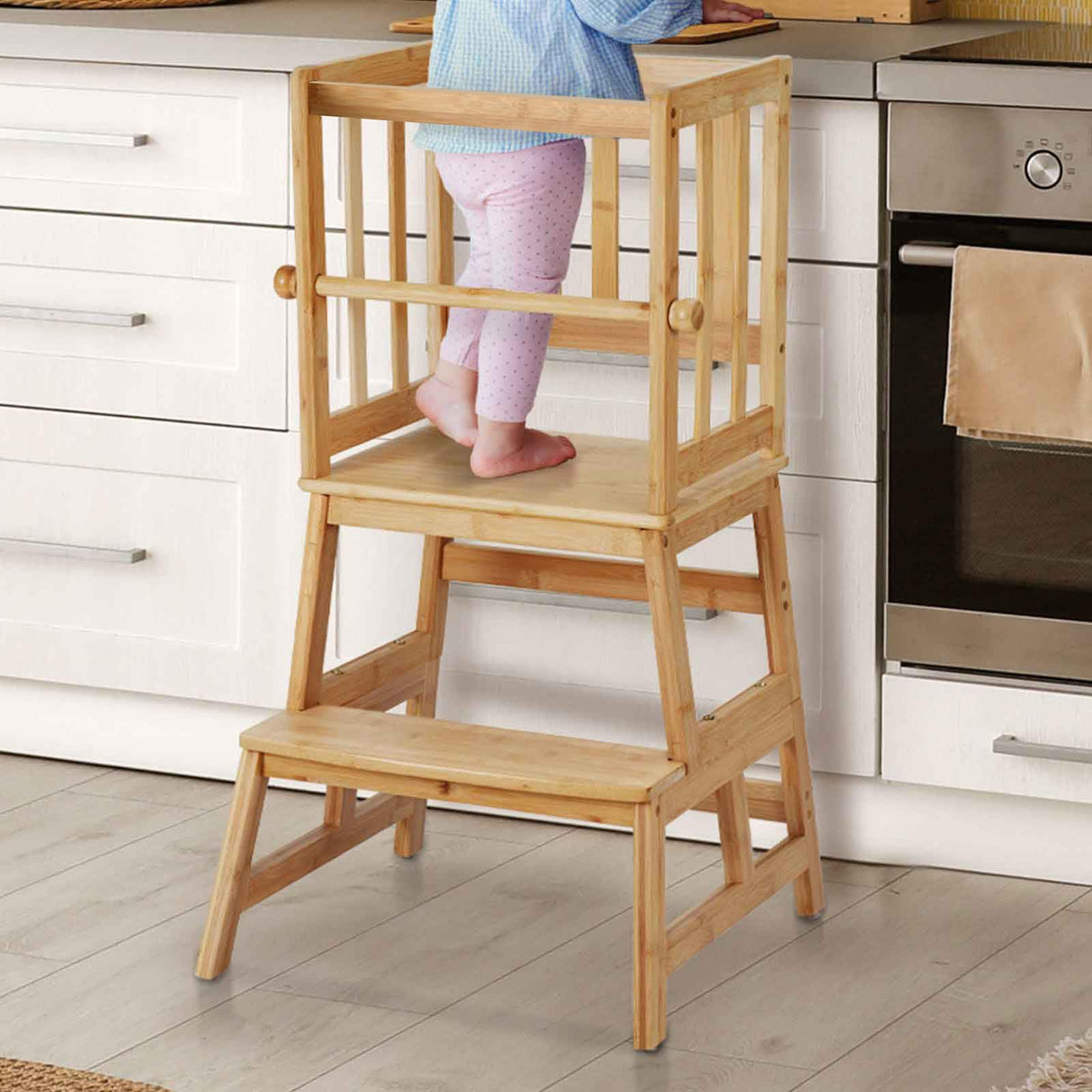 COSYLAND Kids Kitchen Step Stool,Toddler Standing Tower with CPC Certification, Removable Anti-Drop Railing Safety Rail Enjoys Unique Patented Design A Anti-tip Structure More Stable, Natural Bamboo COSYLAND