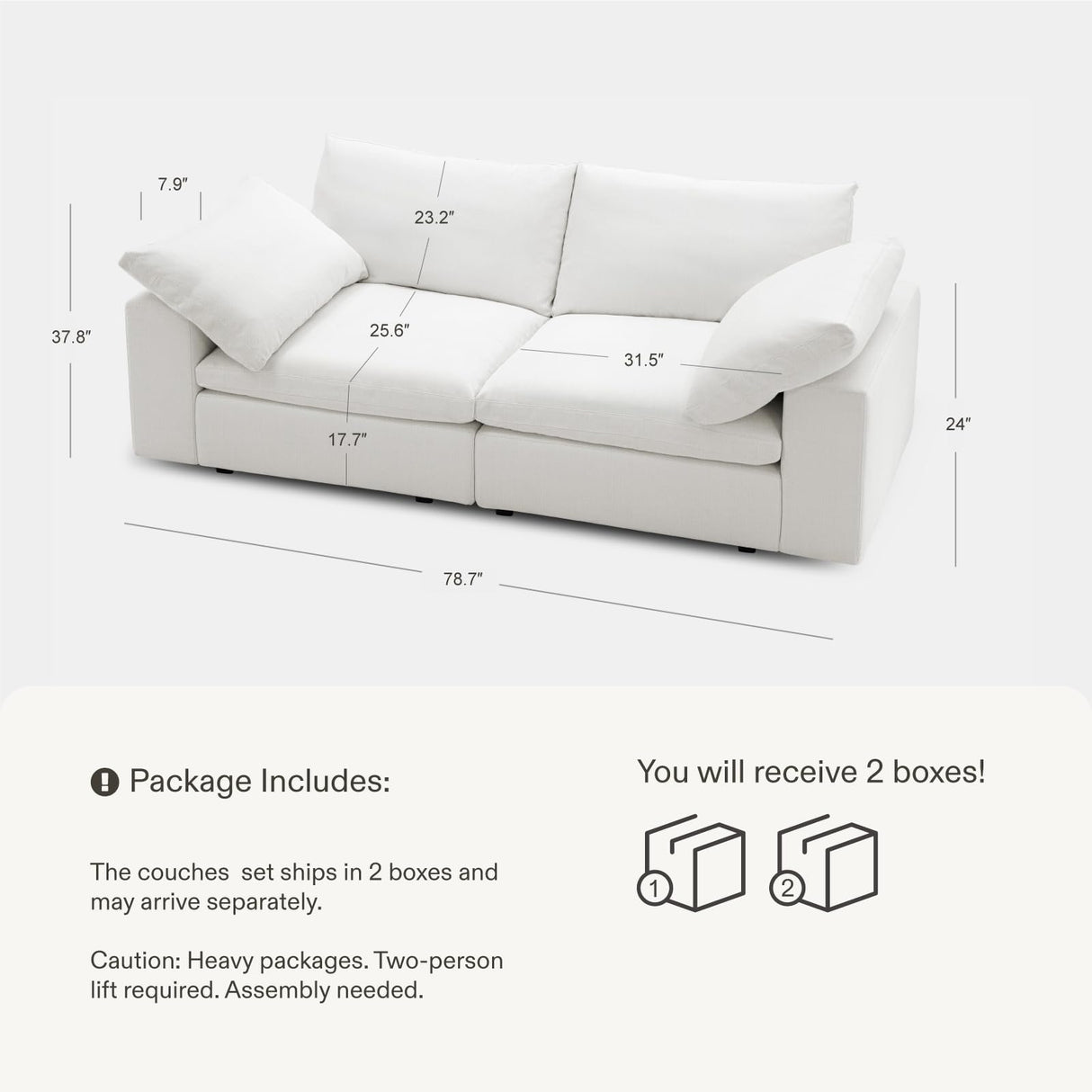 Vorthio Cloud Couch Oversized Modular Sectional Sofa True Relax Comfy Couches Wide&Deep Seat Sofas for Living Room Metal Frame Furniture Set, Loveseat 78.74" Width Vorthio