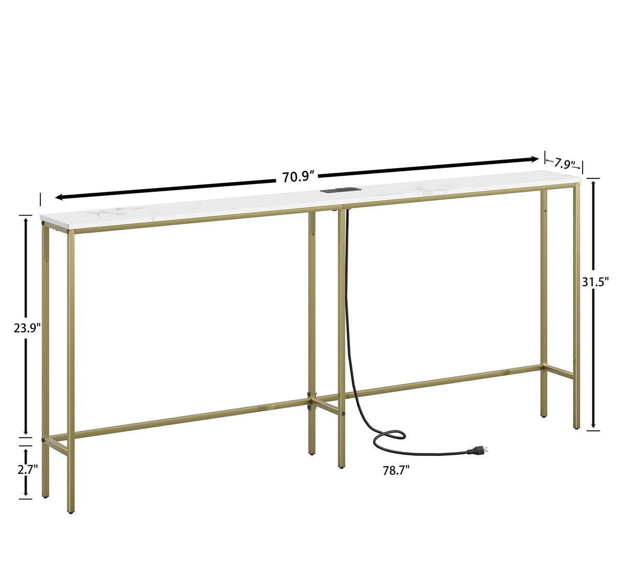 SONGXIN 70.9 Inch Console Table with Power Outlet,Modern Narrow Long Sofa Table Behind Couch,Skinny Entry Table with Gold Metal Frame for Entryway,Living Room, Hallway,Marble White SONGXIN