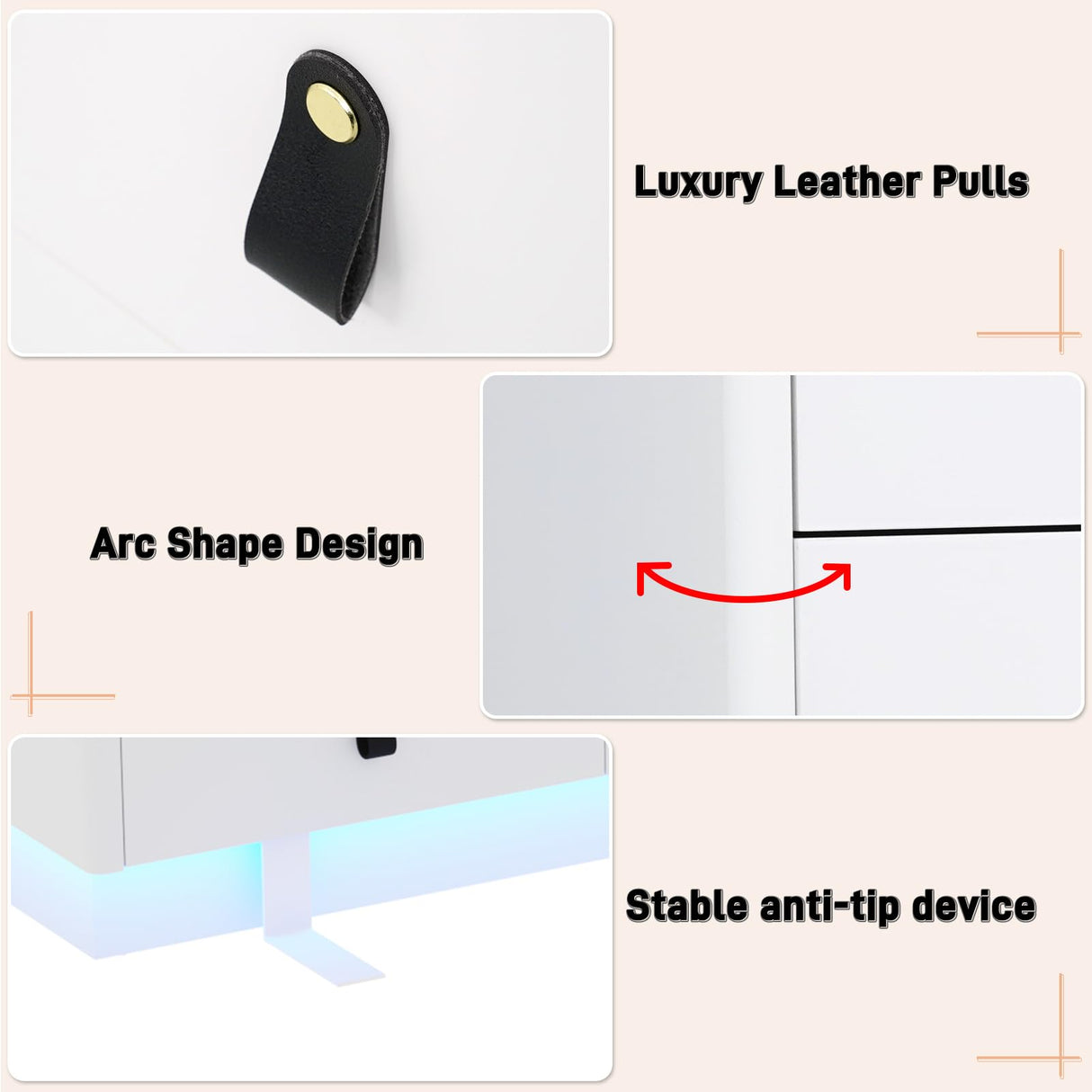 jiteentarou 63 Inch Dresser with Jewelry Drawers & Glass Top, Modern Chest of Drawers with LED Light, Closet Island, Leather Handle, Arc Design, White jiteentarou