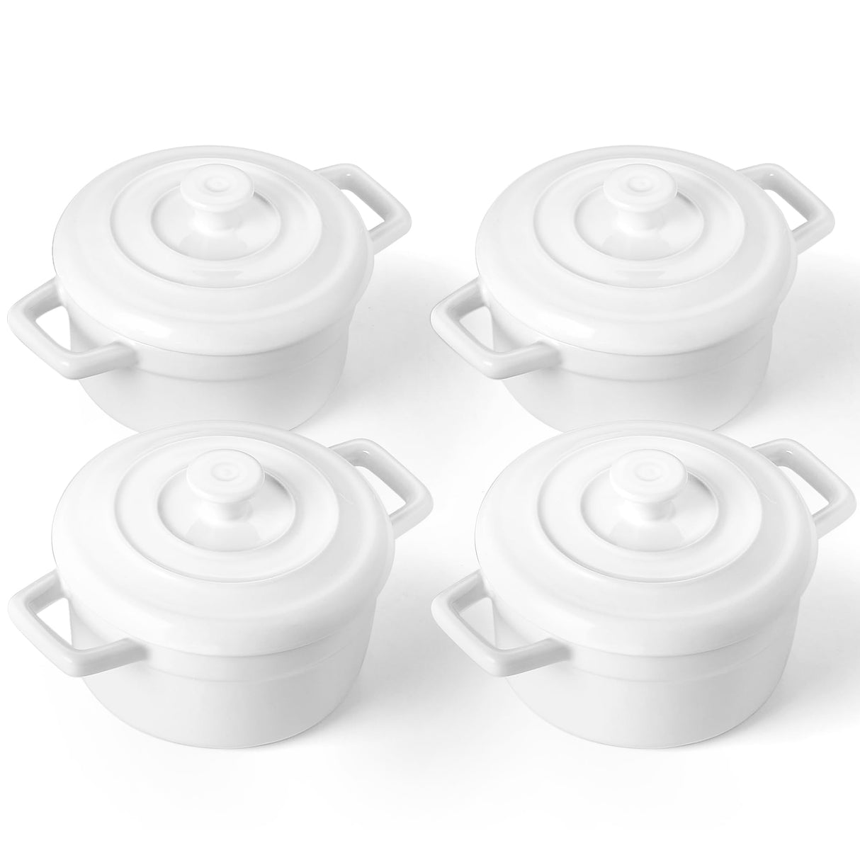 Lareina Mini Cocotte - 12oz Ceramic Casserole Dishes - Kitchen Casserole Sets With Handles And Lid - Small Baking Ramekins - Oven, Microwave & Dishwasher Safe - Set of 4 - White Lareina
